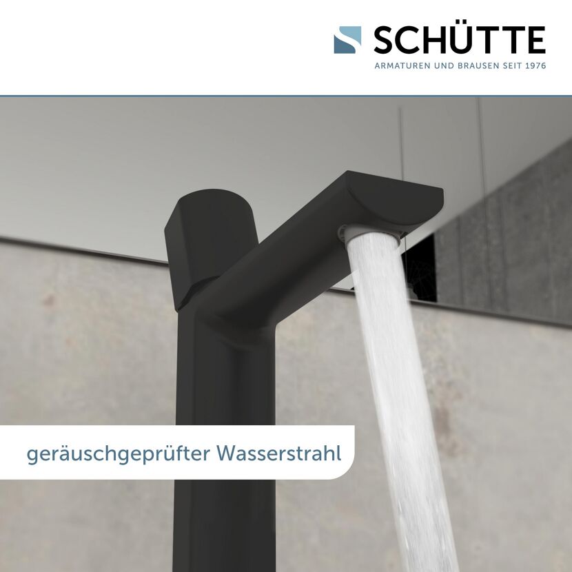 Schwarze Waschtischarmatur mit Wasserstrahl