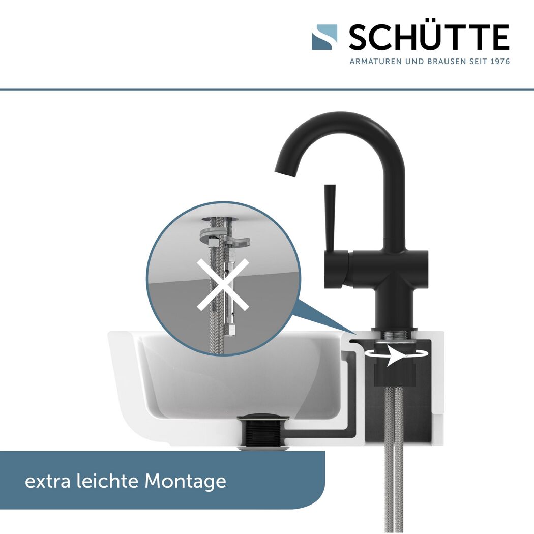 Schéma der Montage einer schwarzen Waschtischarmatur der Marke SCHÜTTE.