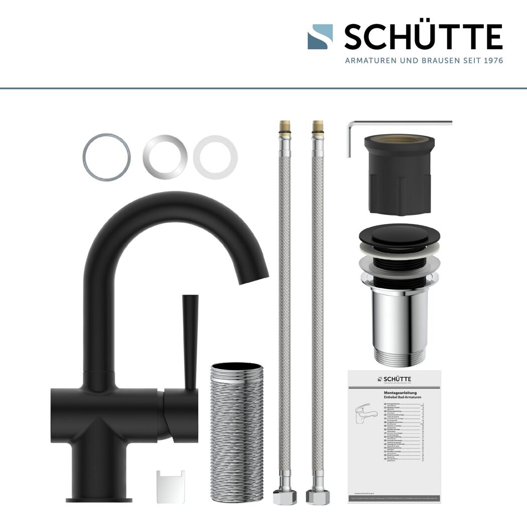 Einzelteile der SCHÜTTE Waschtischarmatur Cornwall in Schwarz.