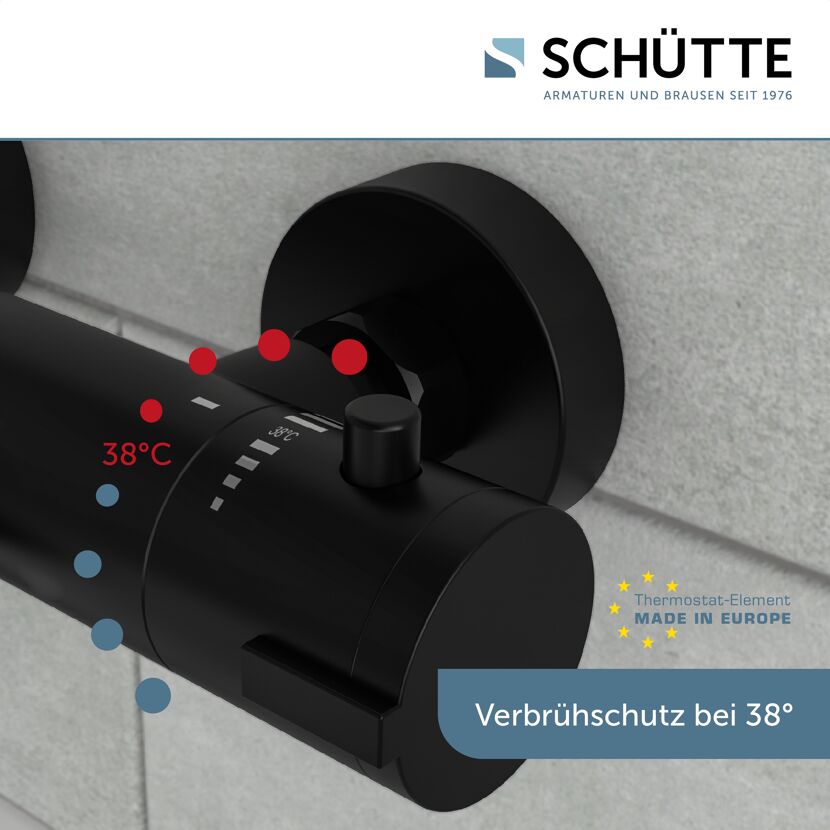 Schwarze Duscharmatur mit Verbrühschutz bei 38 Grad