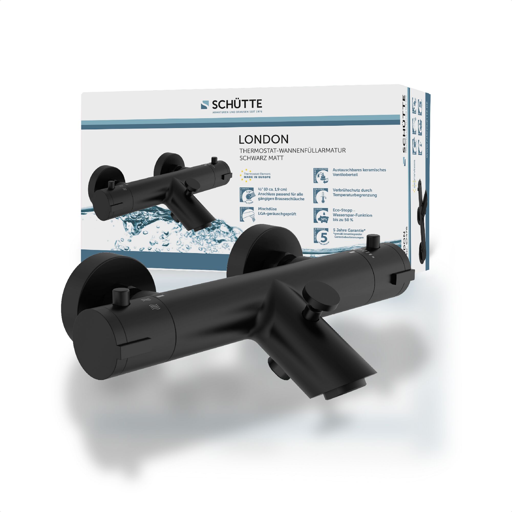 Schwarze Thermostat-Wannenfüllarmatur "London" von Schütte