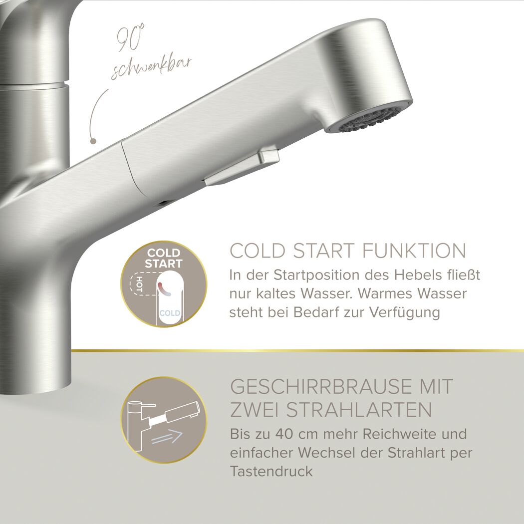 Küchenarmatur 'Koa' edelstahlfarben mit Geschirrbrause