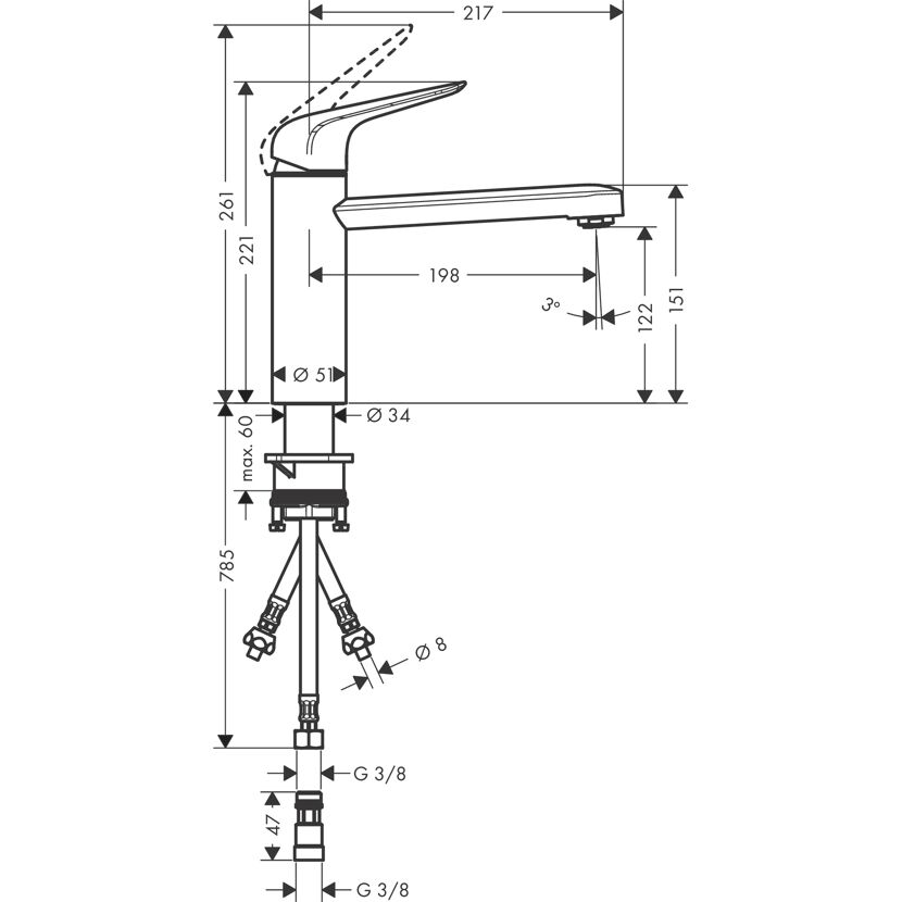 Technische Zeichnung Waschtischarmatur HG Focus M42