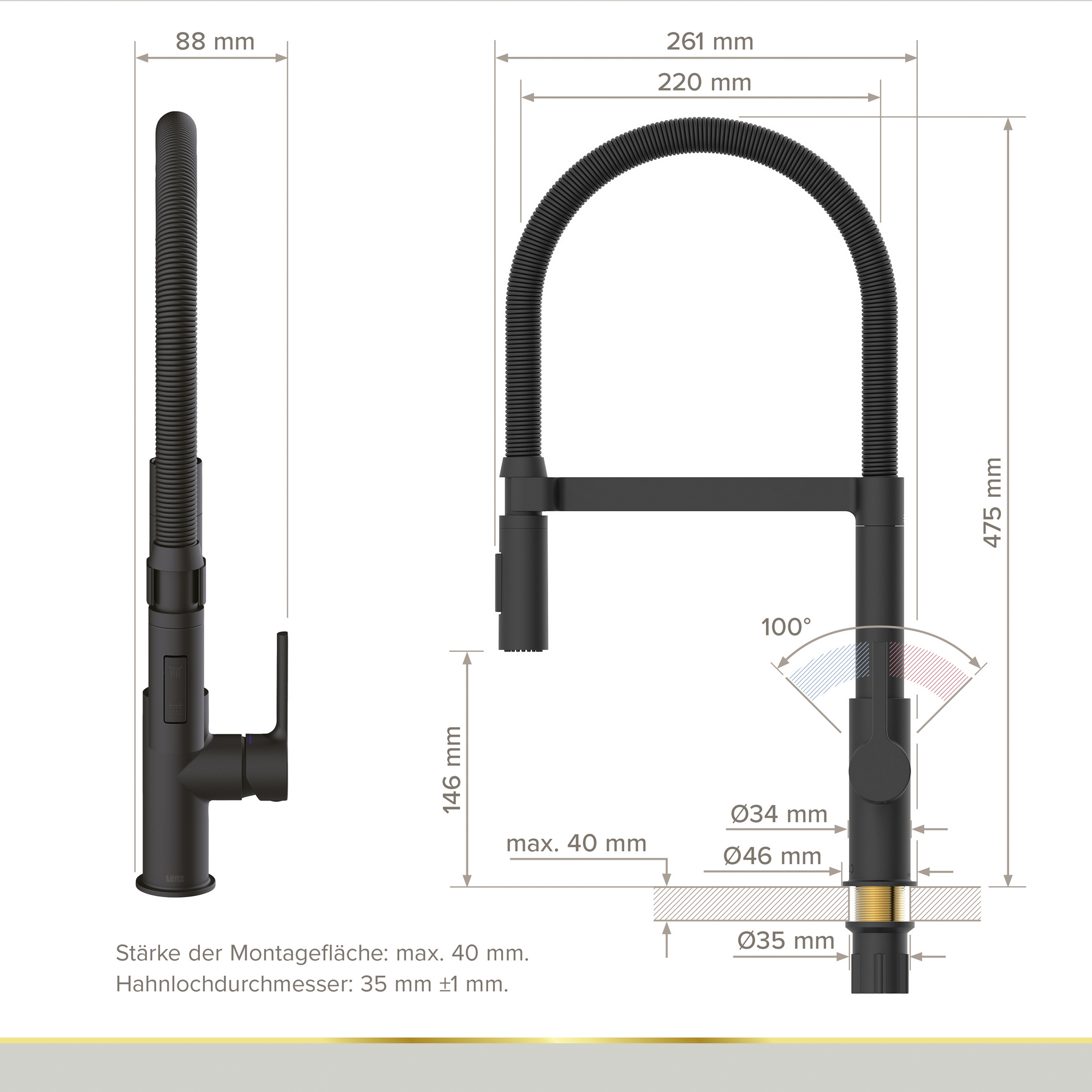 Küchenarmatur 'Aluna' schwarz-matt mit Pendelbrause