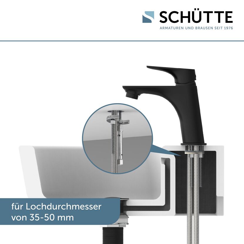 Schwarze Armatur Boston WT für Waschbecken, für Lochdurchmesser von 35-50 mm, mit Montageanleitung
