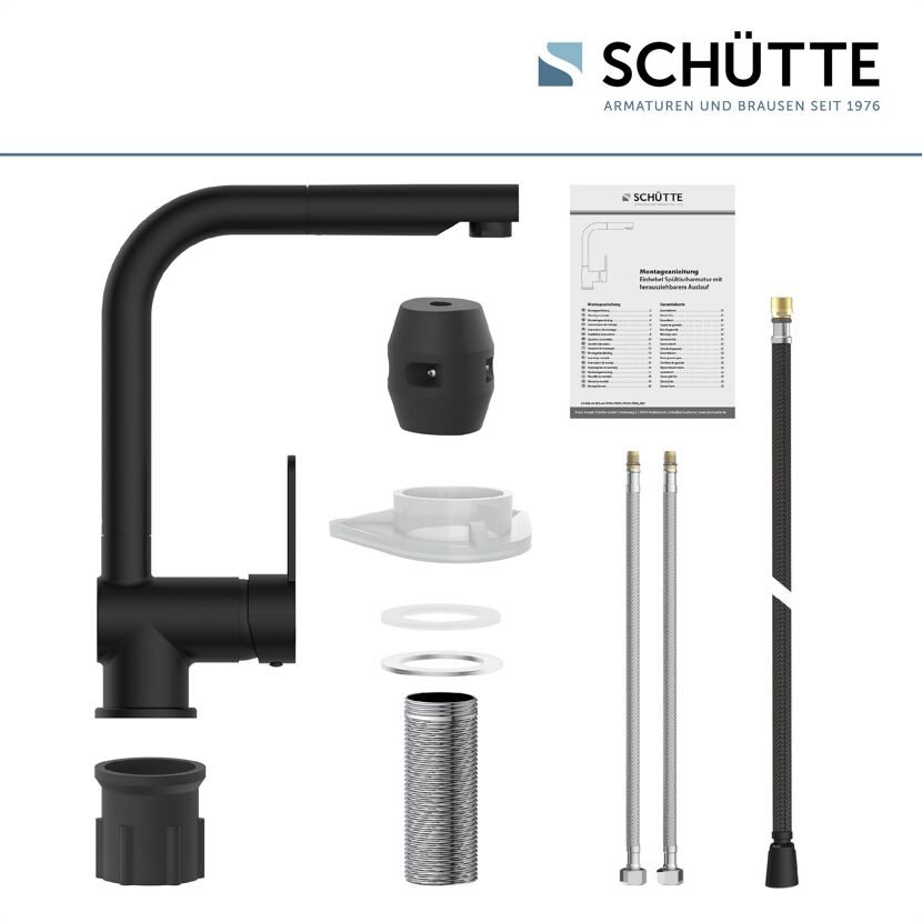Schwarze Küchenarmatur, Einzelteile und Montageanleitung