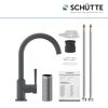 Anthrazitfarbener Wasserhahn mit Einzelteilen und Anleitung