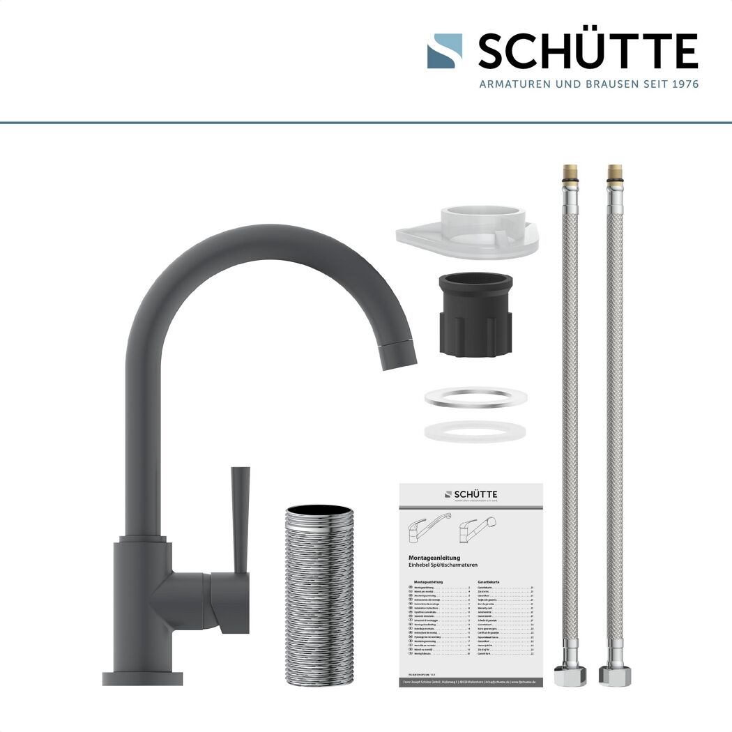 Anthrazitfarbener Wasserhahn mit Einzelteilen und Anleitung
