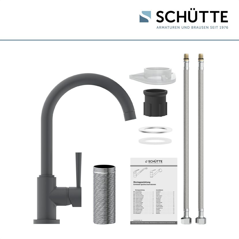 Anthrazitfarbener Wasserhahn mit Einzelteilen und Anleitung