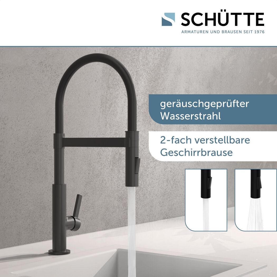 Schwarze SCHÜTTE Küchenarmatur mit Wasserstrahl