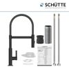 Schwarze SCHÜTTE Soft Touch Spültischarmatur mit Einzelteilen und Anleitung