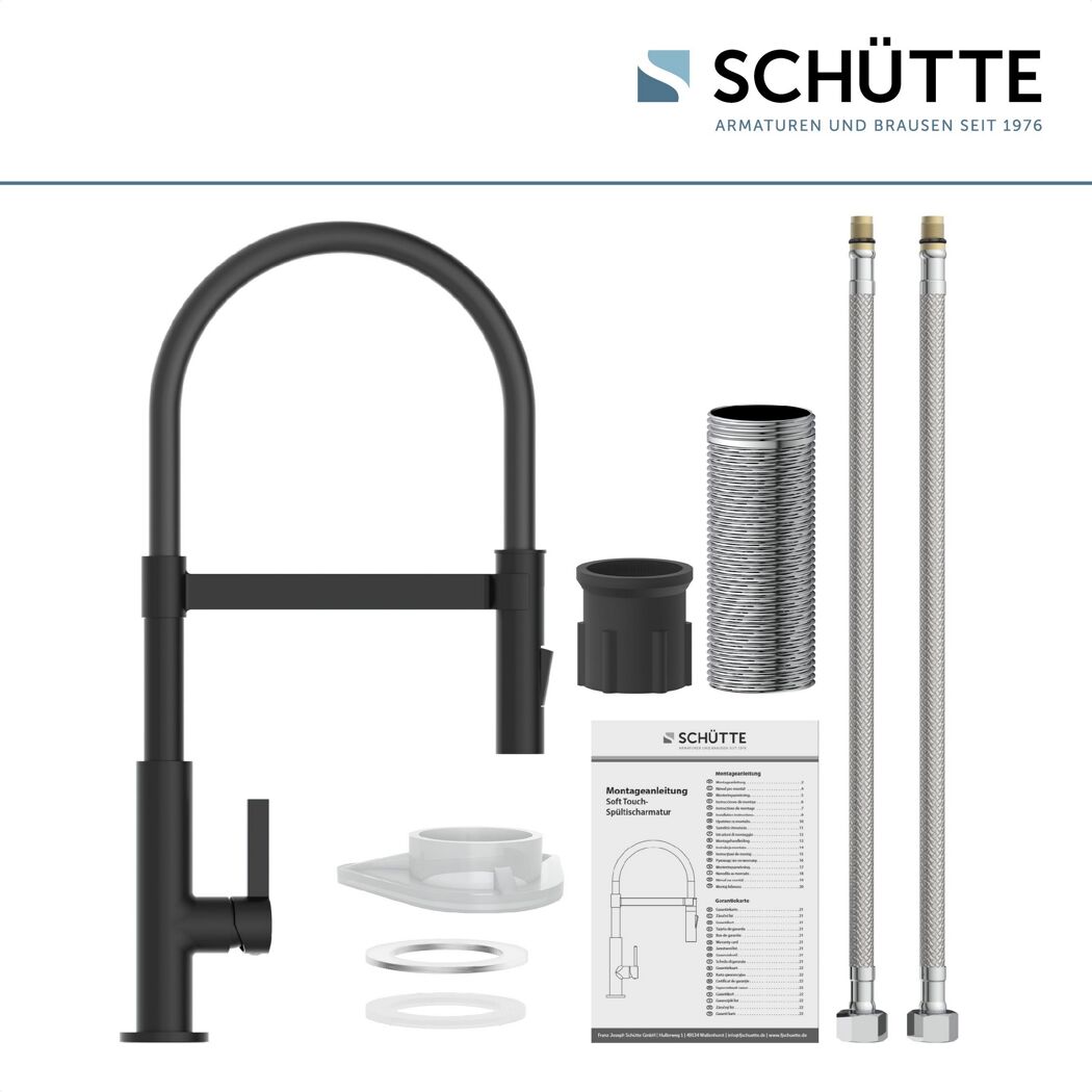 Schwarze SCHÜTTE Soft Touch Spültischarmatur mit Einzelteilen und Anleitung