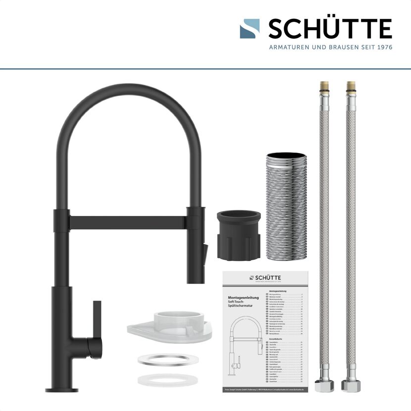 Schwarze SCHÜTTE Soft Touch Spültischarmatur mit Einzelteilen und Anleitung