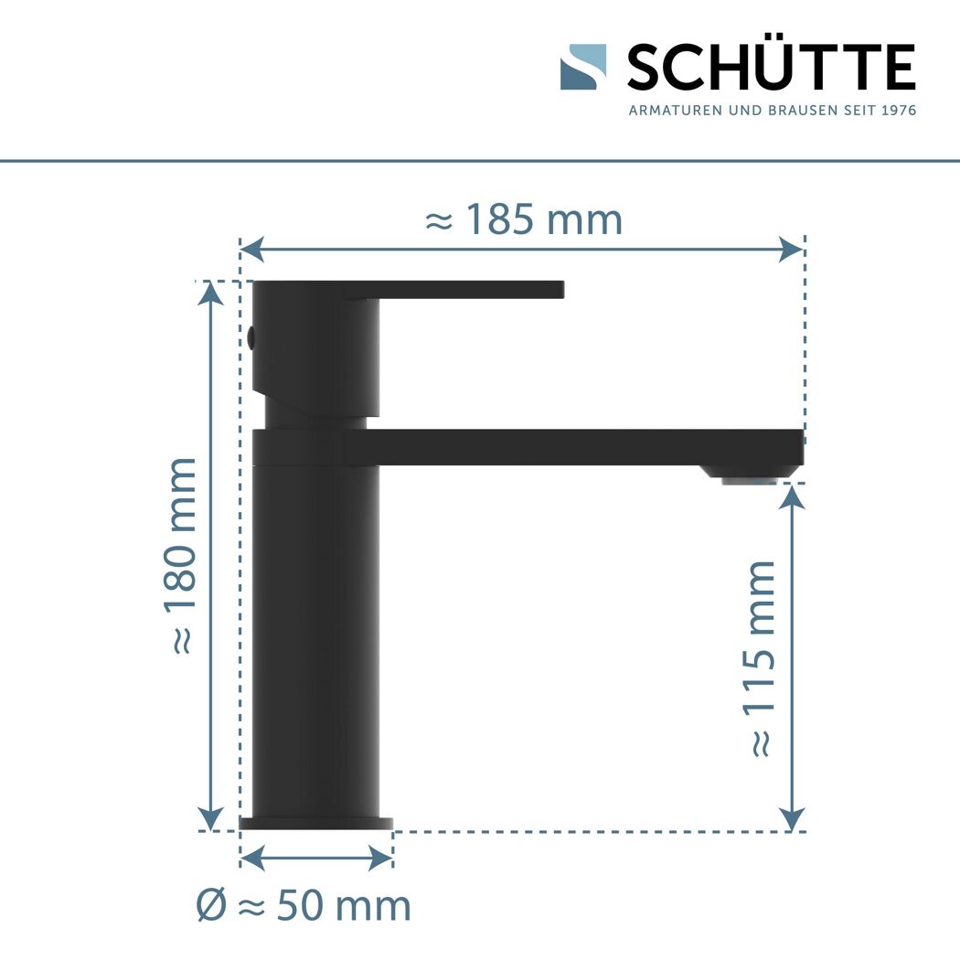 Schwarze Waschtischarmatur mit Maßen