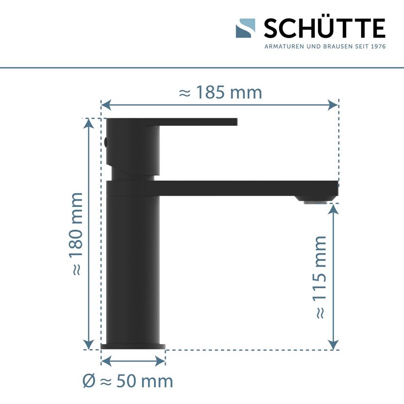 Schwarze Waschtischarmatur mit Maßen