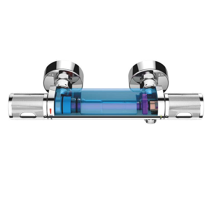 Duschthermostat Precision Feel mit blauem Wasserlauf im Inneren.