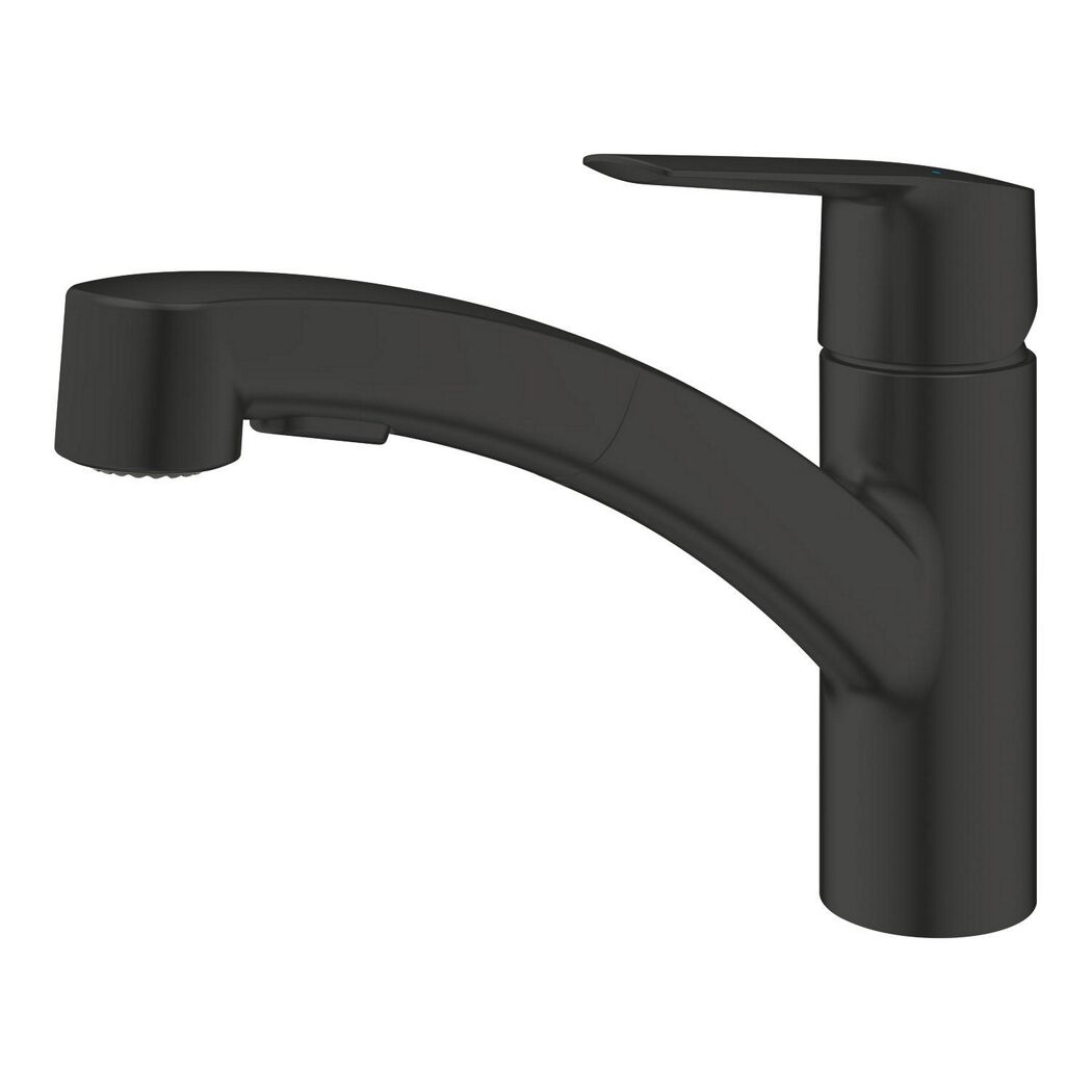 Schwarze Spültischarmatur mit Schlauchbrause.