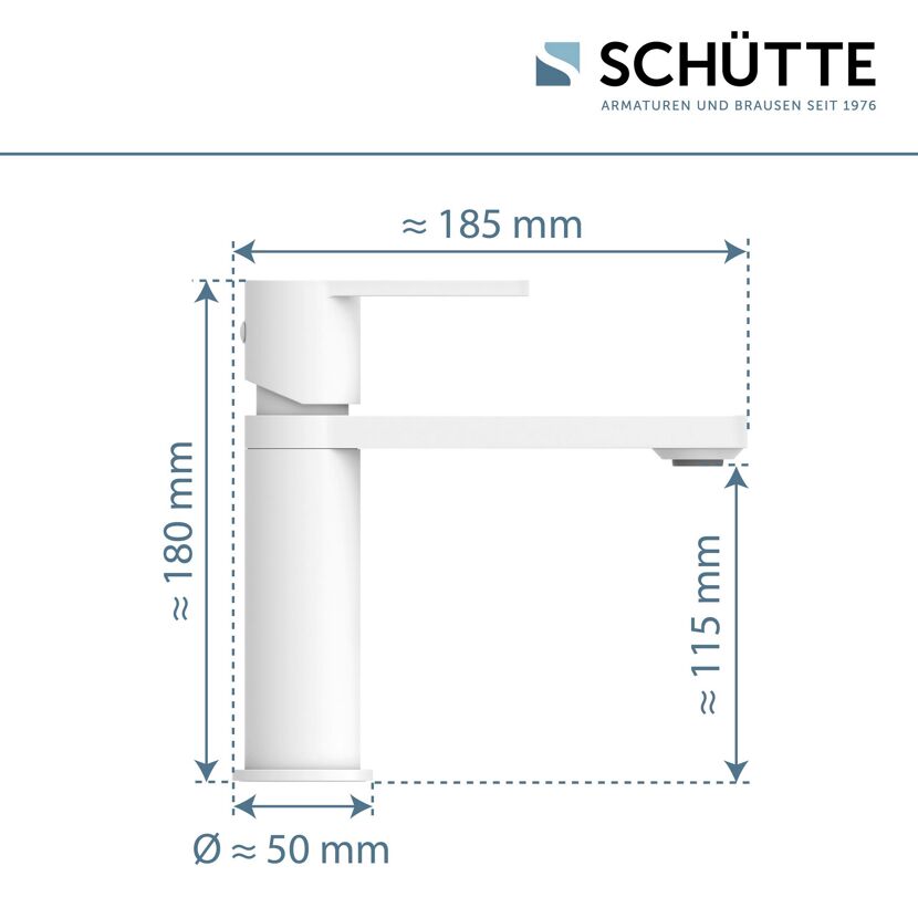 Weißer Wasserhahn mit Maßen.