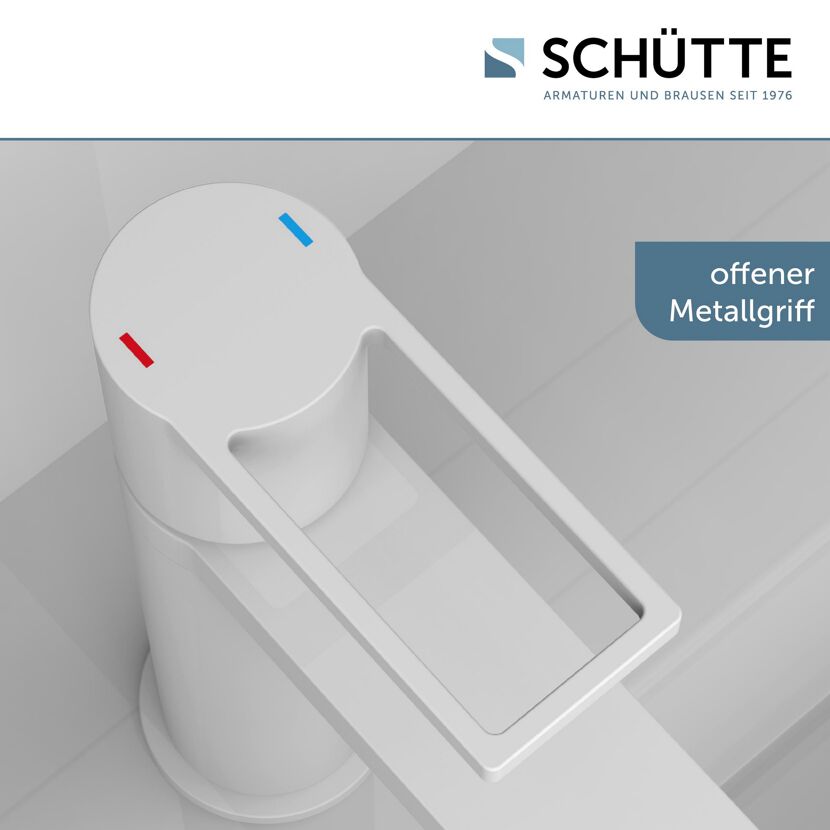 Weißer offener Metallgriff eines Wasserhahns.