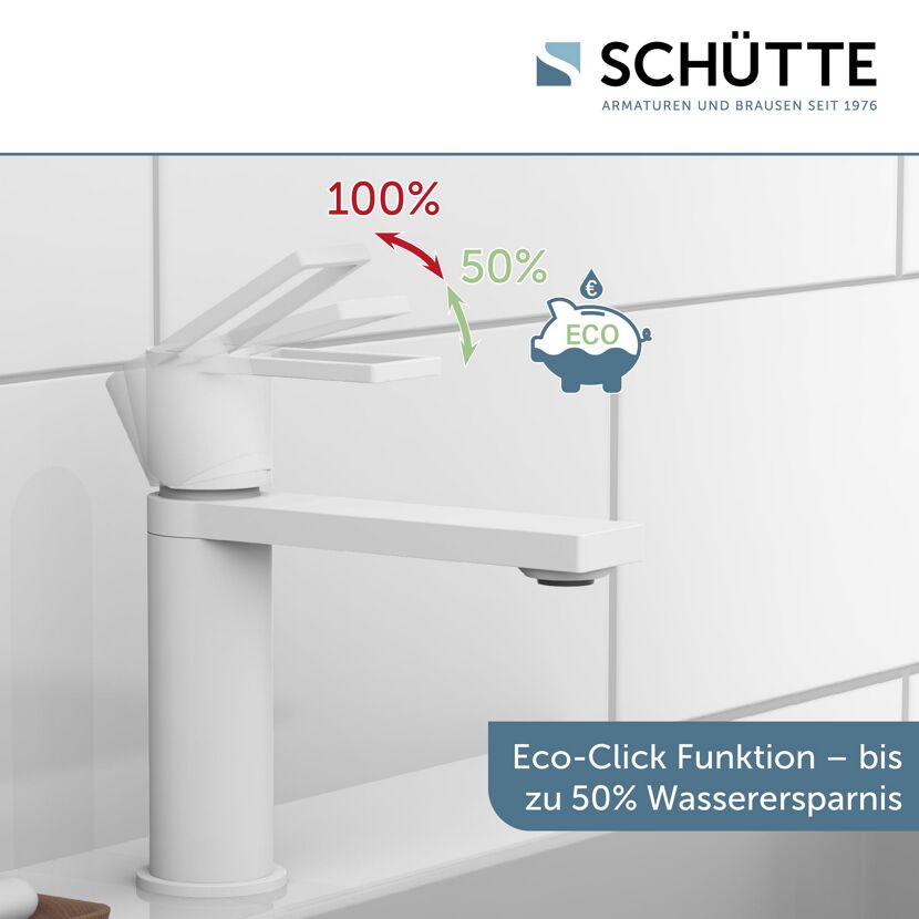 Weißer Wasserhahn mit Eco-Click-Funktion.