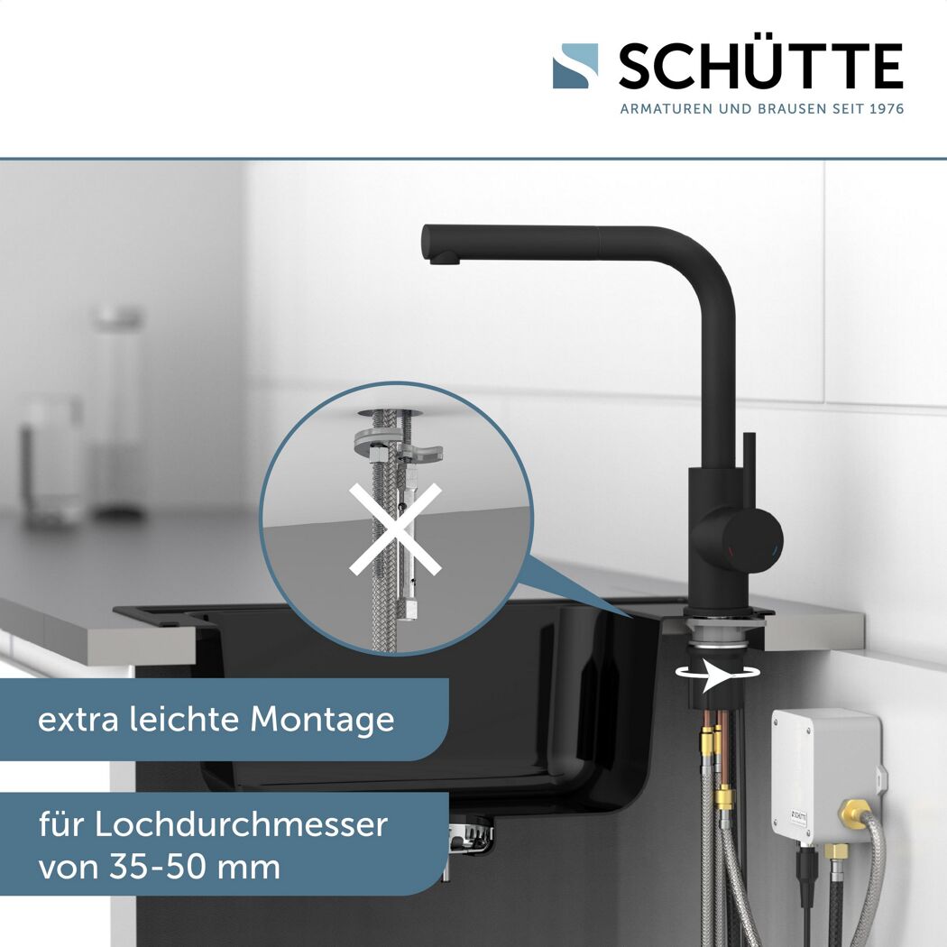 Schwarze Küchenarmatur, extra leichte Montage für Lochdurchmesser von 35-50 mm