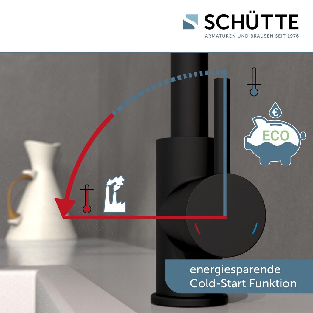 Schwarze Küchenarmatur mit Cold-Start Funktion