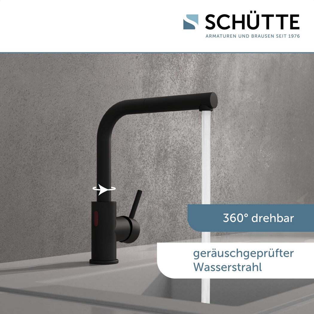 Schwarze Küchenarmatur mit Wasserstrahl