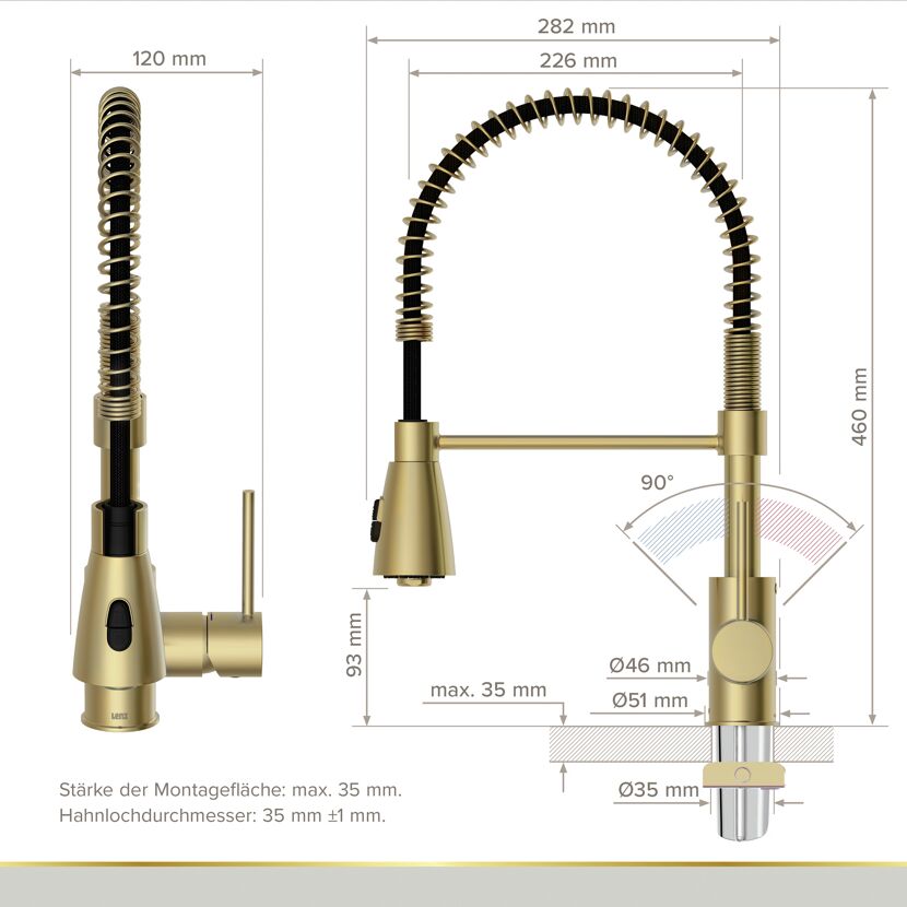 Küchenarmatur 'Kalani²' gold-matt mit Pendelbrause