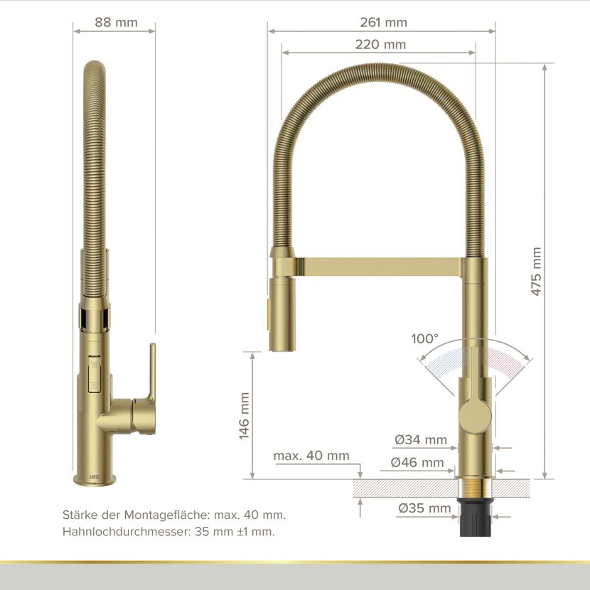 Küchenarmatur 'Aluna' gold-matt mit Pendelbrause