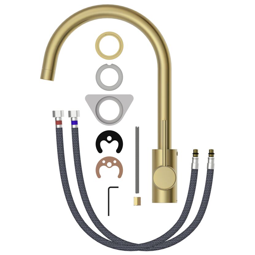 Goldene Küchenarmatur mit Einzelteilen