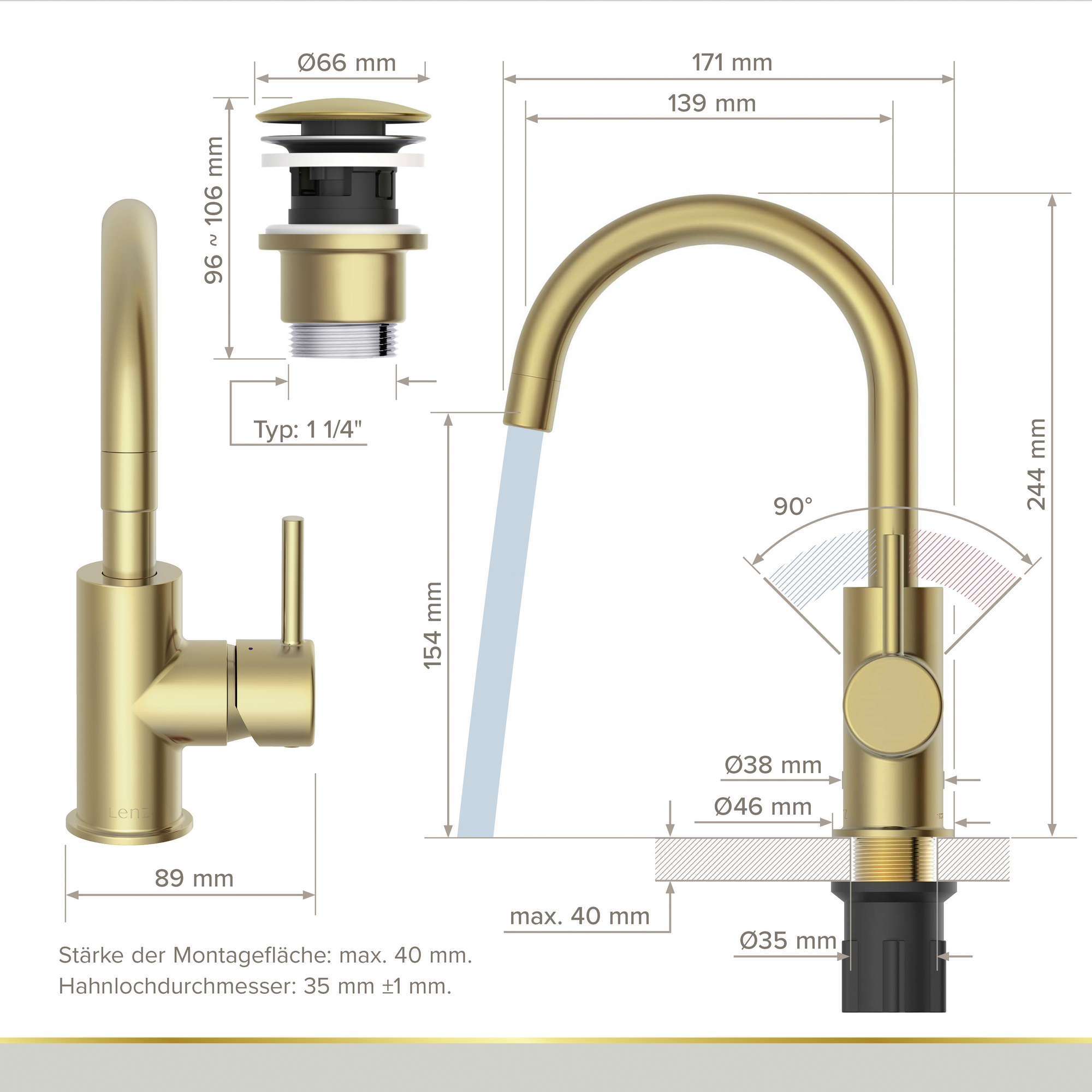 Waschtischarmatur 'Moana' matt gold schwenkbar