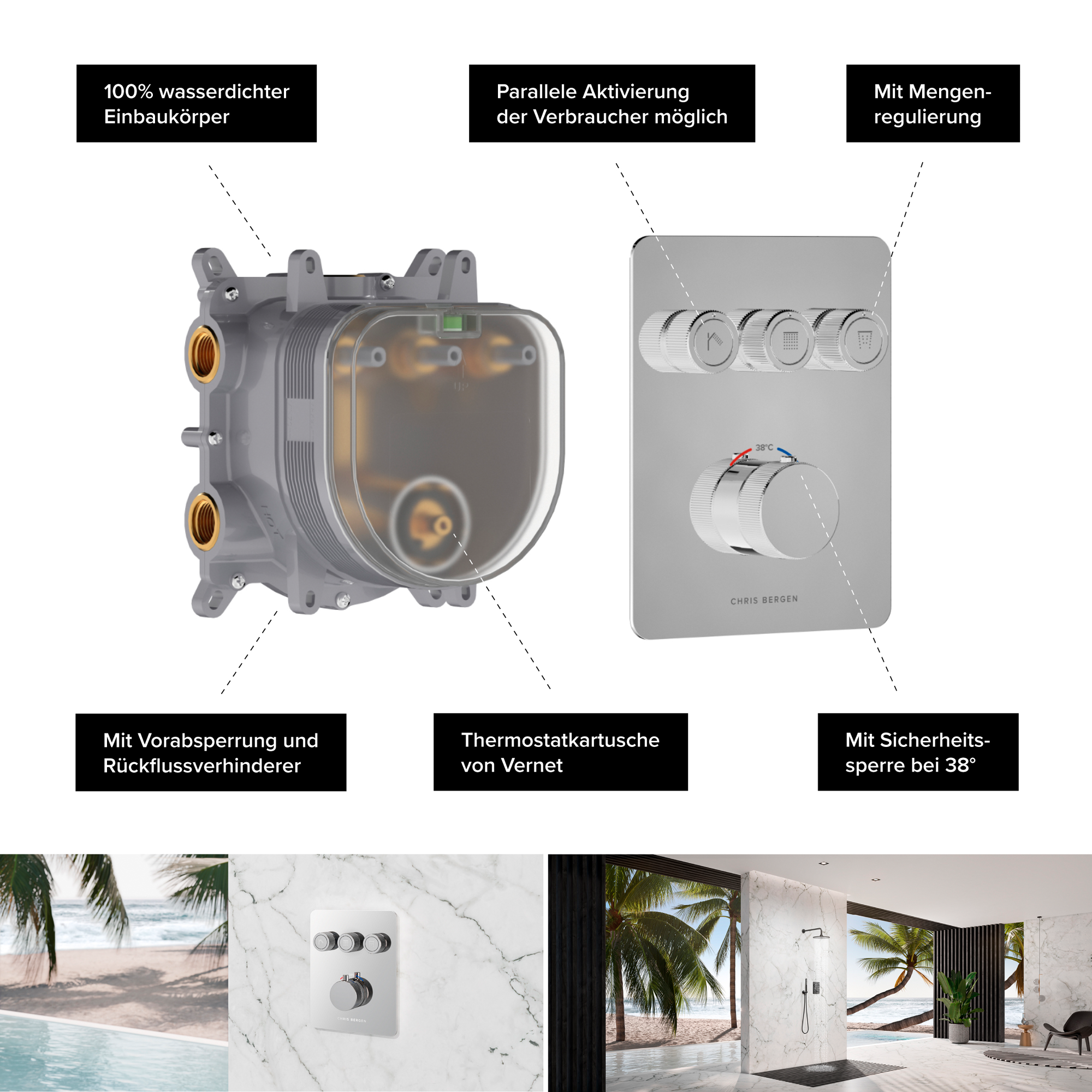 Duschthermostat 'Aquatronic' Unterputz hochglanzverchromt 3 Ausgänge + product picture