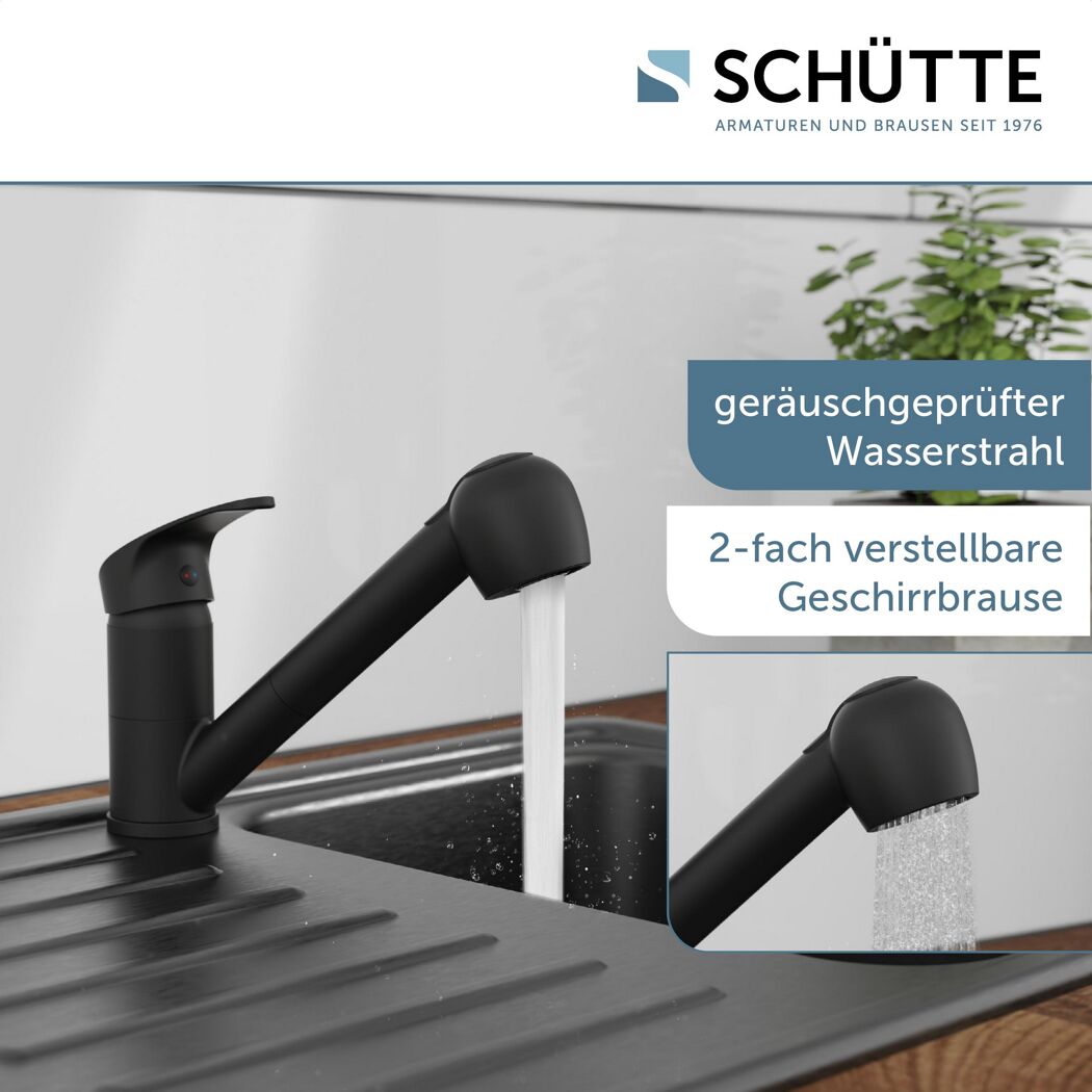 Schwarze Küchenarmatur mit Wasserstrahl