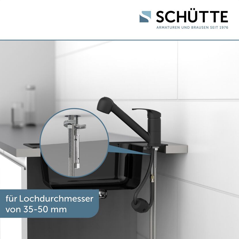 Schwarze Küchenarmatur, Detailaufnahme Montage