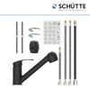 Schwarze Küchenarmatur mit Einzelteilen