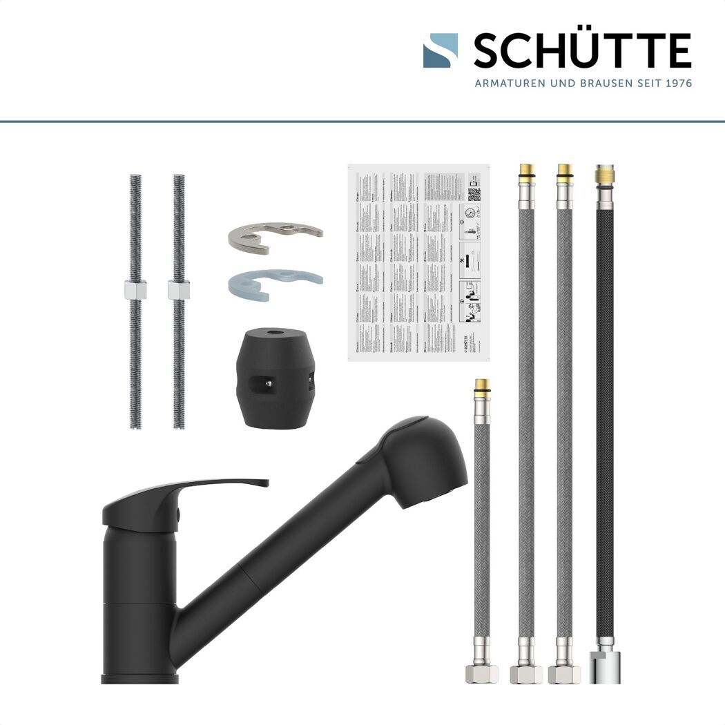 Schwarze Küchenarmatur mit Einzelteilen