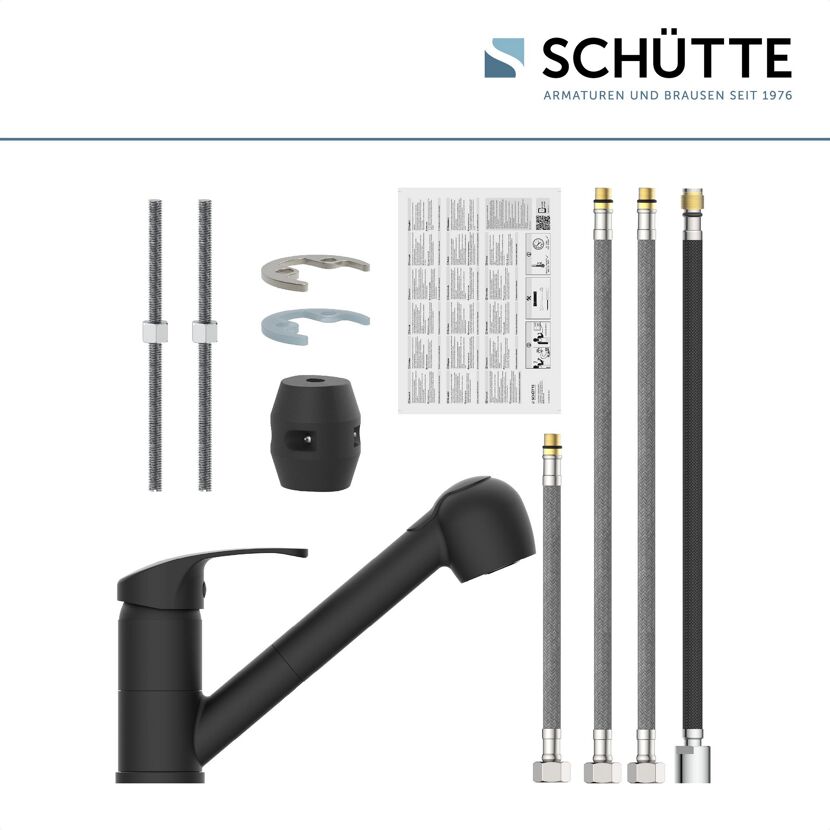 Schwarze Küchenarmatur mit Einzelteilen