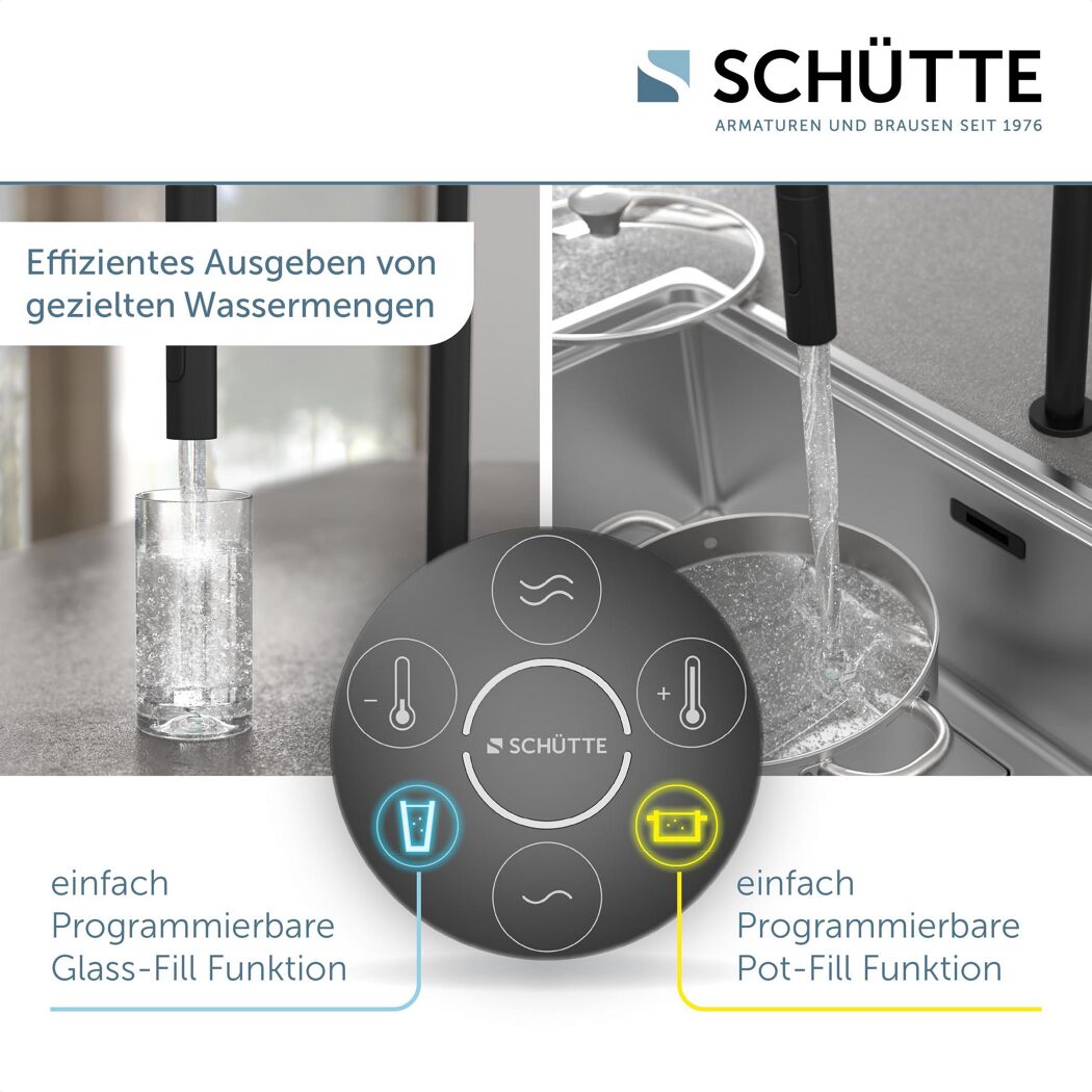 Schütte Armatur, Wasserstrahl in Glas und Topf