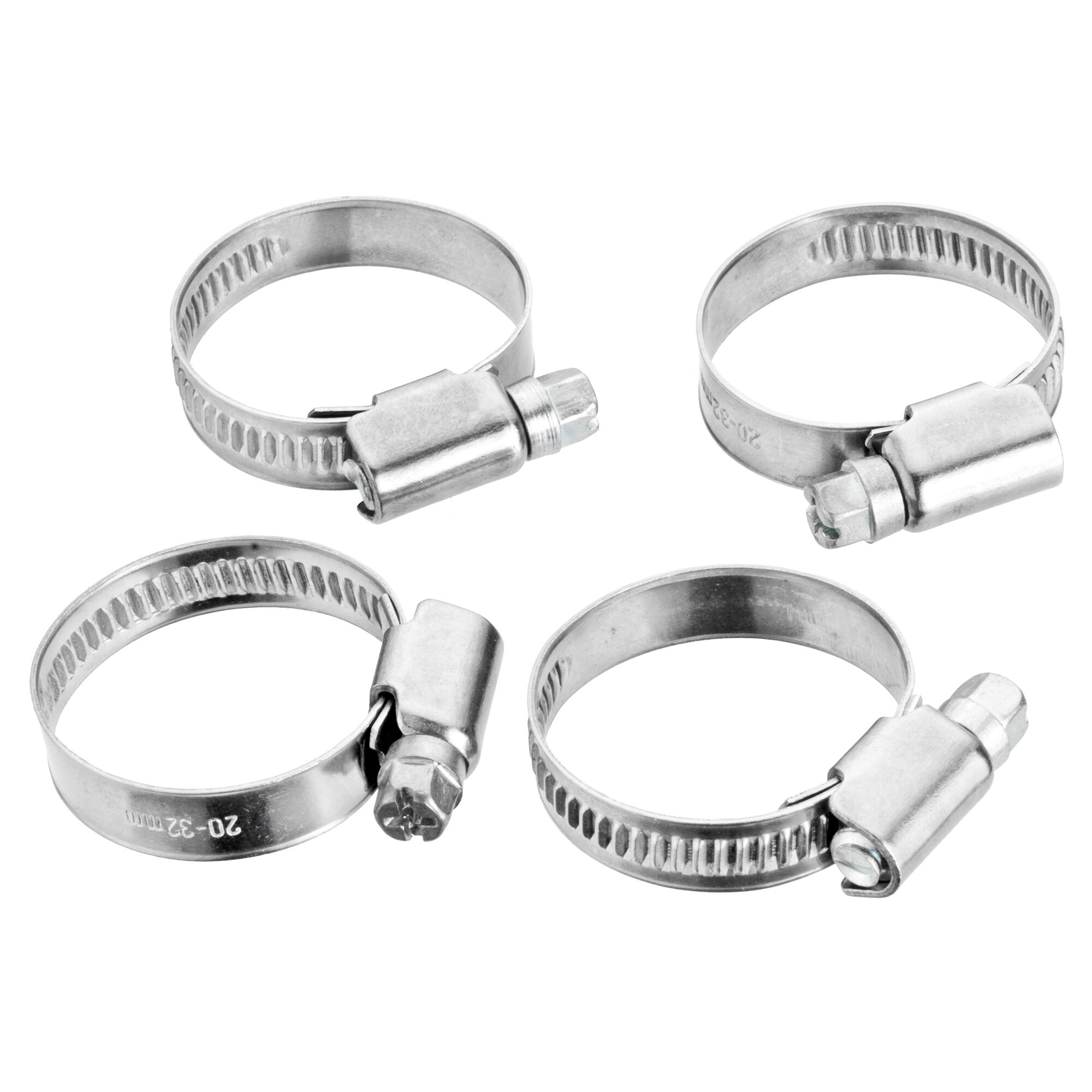 Vier Schlauchschellen aus Edelstahl.