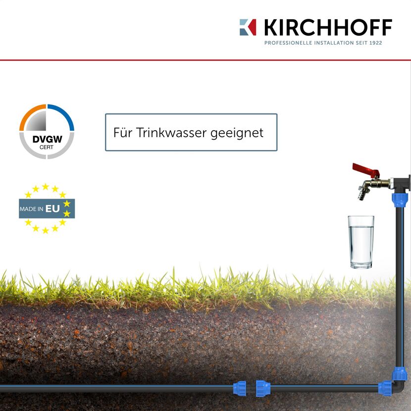 Trinkwasserhahn mit KIRCHHOFF PE-Rohr und einem Glas Wasser