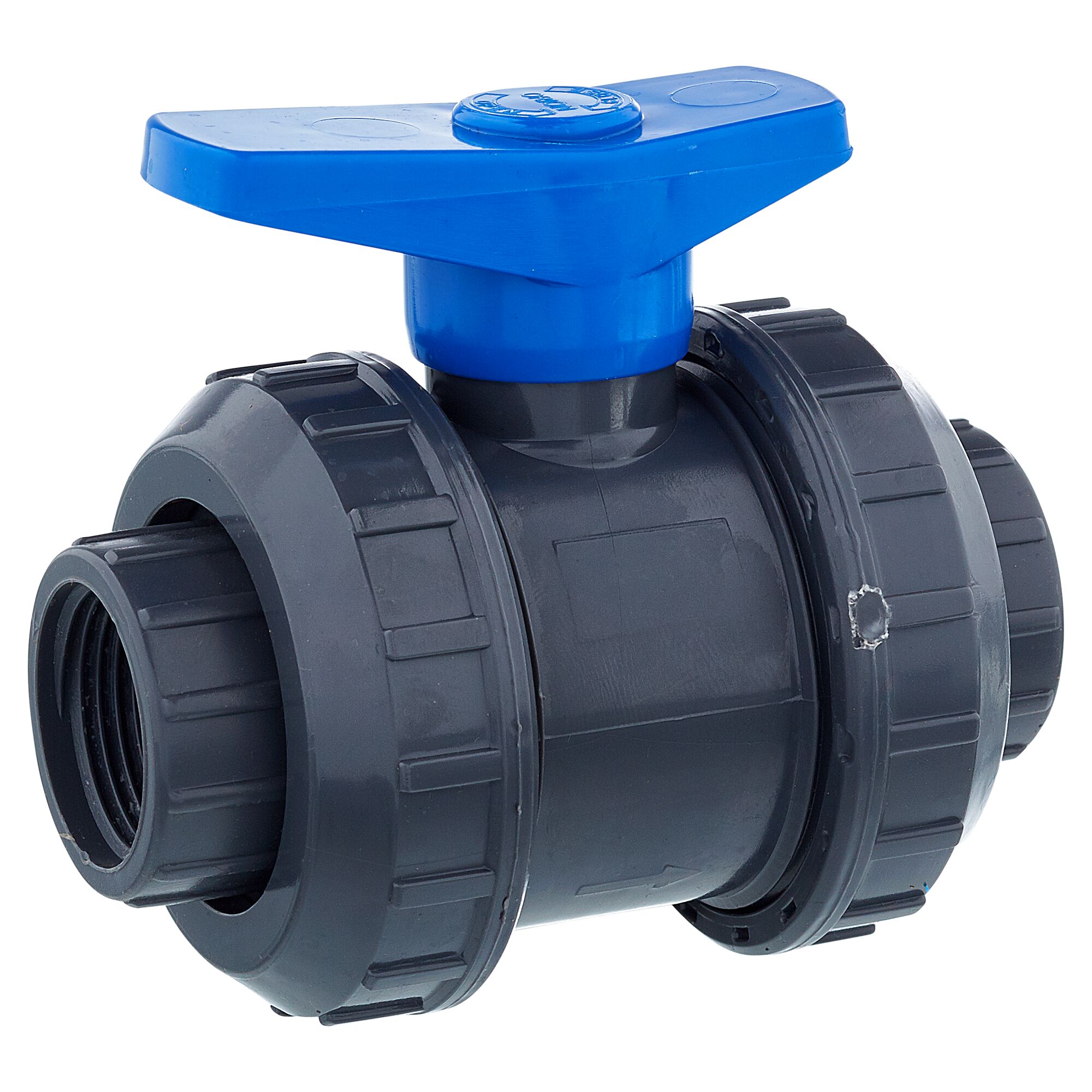 Kugelhahn aus PVC mit blauem Hebelgriff.