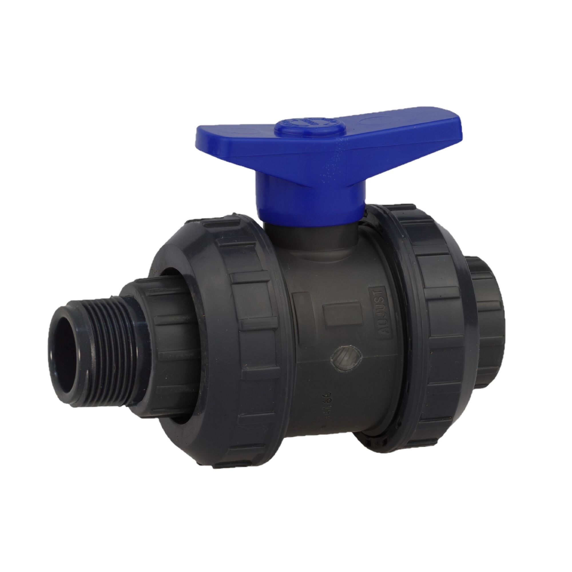 Schwarzer Kugelhahn mit blauem Griff