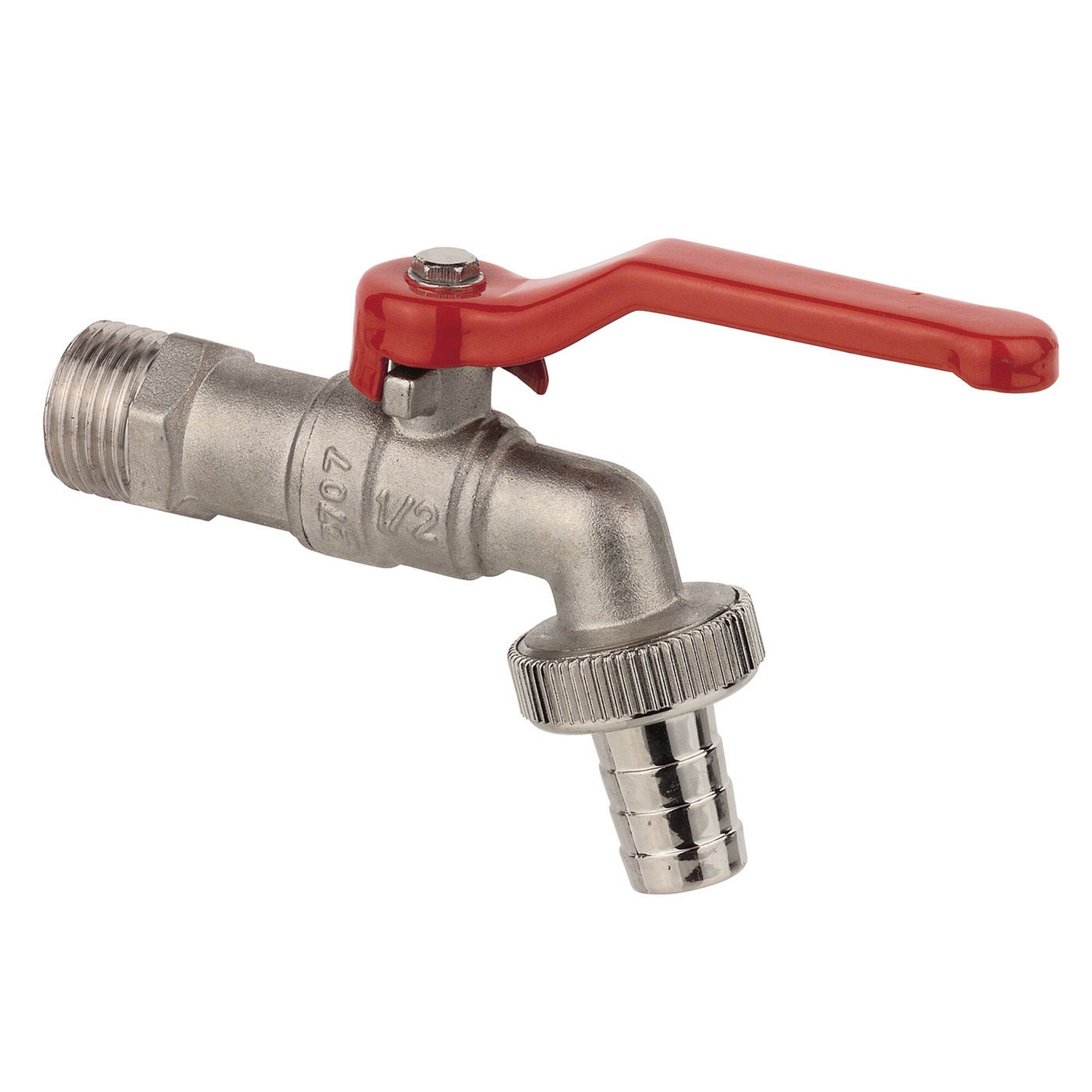 Verchromter Kugel-Auslaufhahn mit rotem Griff