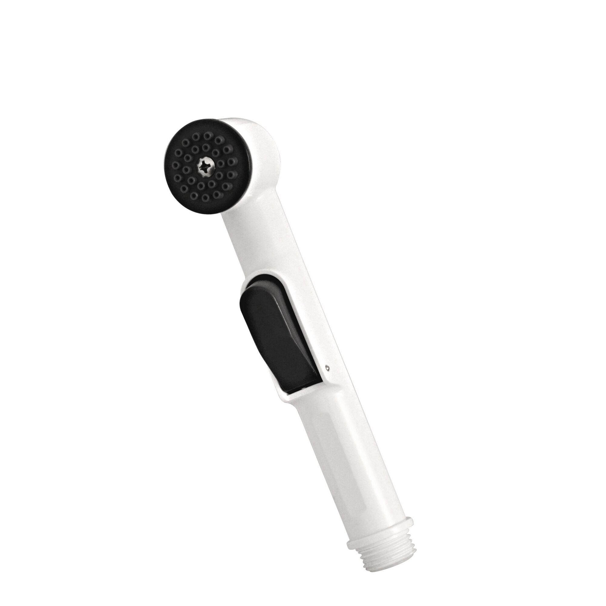 Weißer Handbrausekopf mit schwarzem Knopf