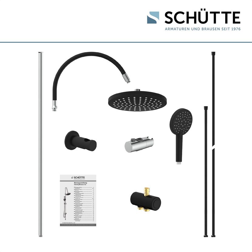 Einzelteile für ein schwarzes Brauseset der Marke SCHÜTTE.