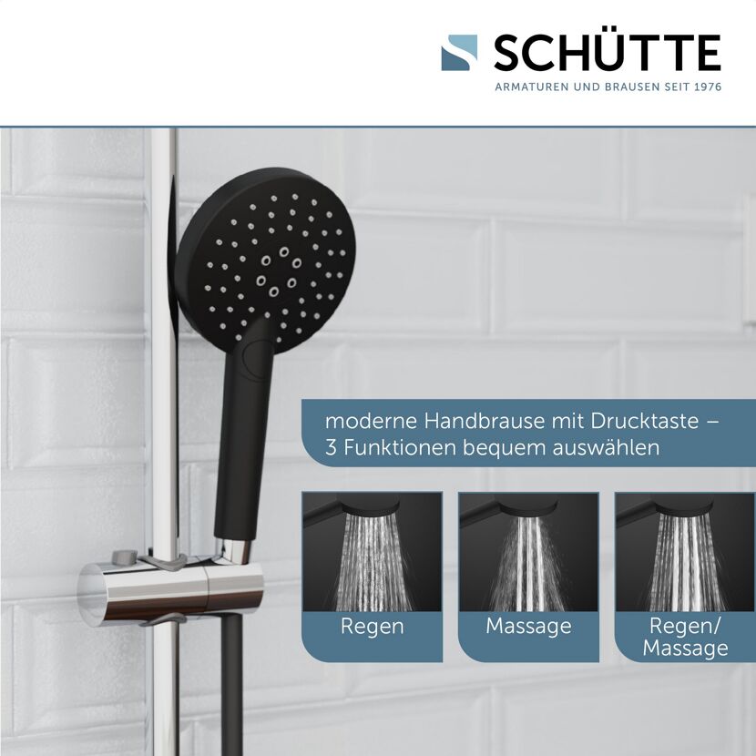 Schwarze Handbrause mit drei Funktionen: Regen, Massage, Regen/Massage.