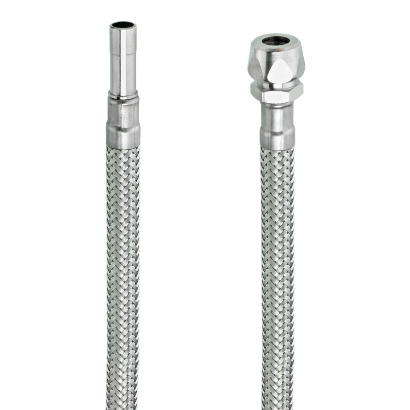Zwei flexible Metallschläuche mit unterschiedlichen Anschlüssen.