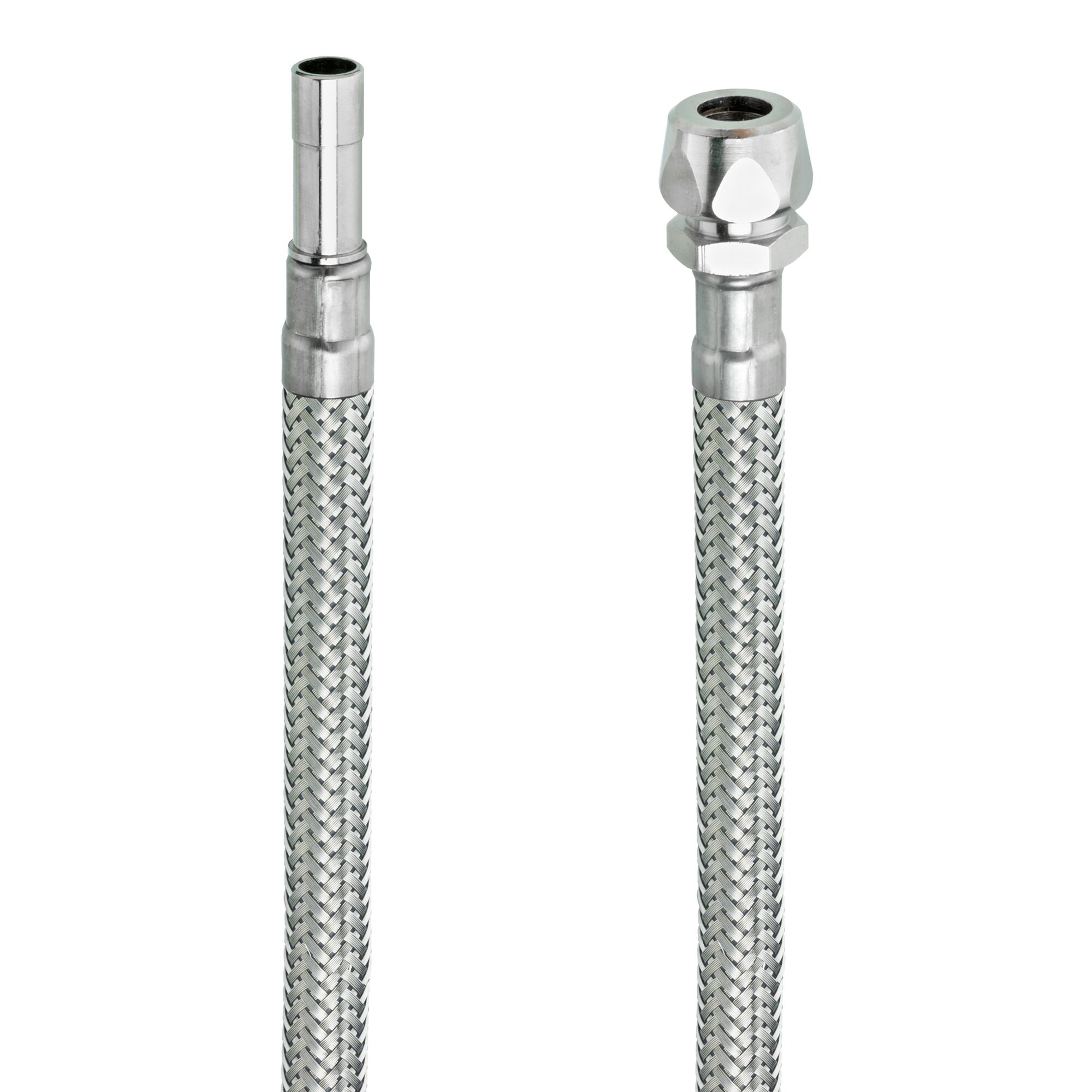 Zwei flexible Metallschläuche mit unterschiedlichen Anschlüssen.
