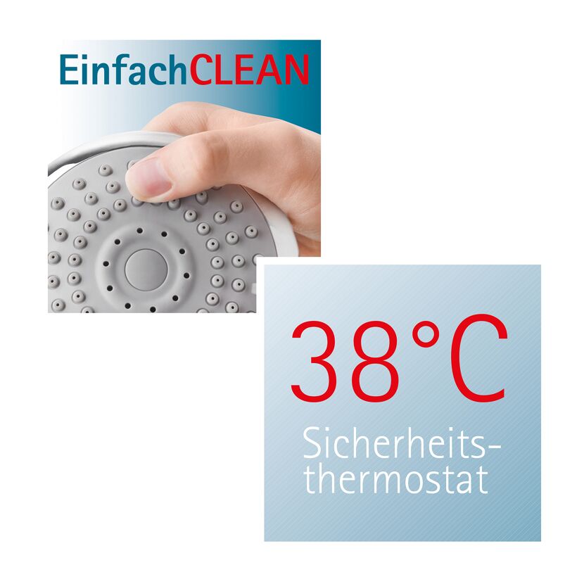 Hand hält Duschkopf mit Sicherheitsthermostat 38°C