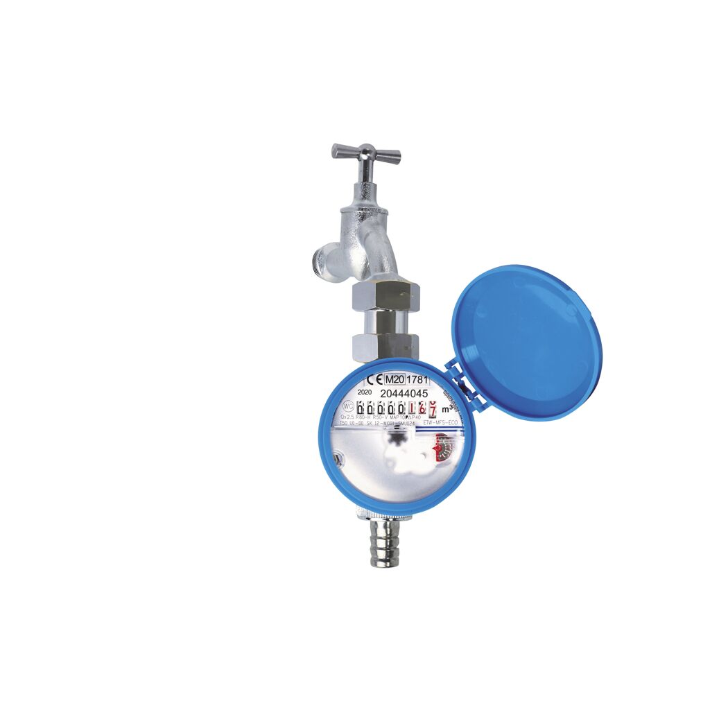 Wasserzähler mit offenem Deckel und Wasserhahn